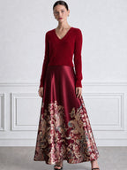 Burgundy Ribbed Knit V-Neck Sweater & Floral Satin Maxi Skirt Set