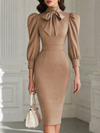 Elegant Bow-Tie Puff Sleeve Bodycon Midi Dress