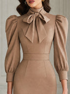 Elegant Bow-Tie Puff Sleeve Bodycon Midi Dress