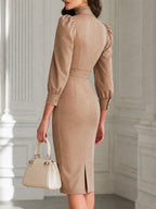Elegant Bow-Tie Puff Sleeve Bodycon Midi Dress