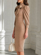 Elegant Bow-Tie Puff Sleeve Bodycon Midi Dress