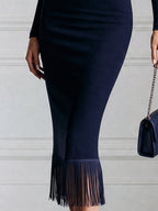 Asymmetric One-Shoulder Fringe Trim Bodycon Midi Dress
