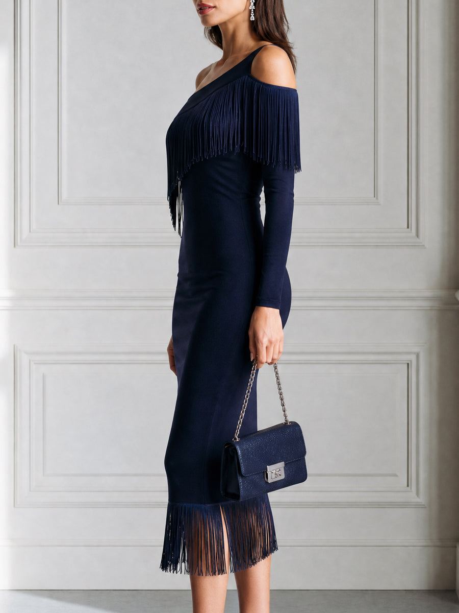 Asymmetric One-Shoulder Fringe Trim Bodycon Midi Dress