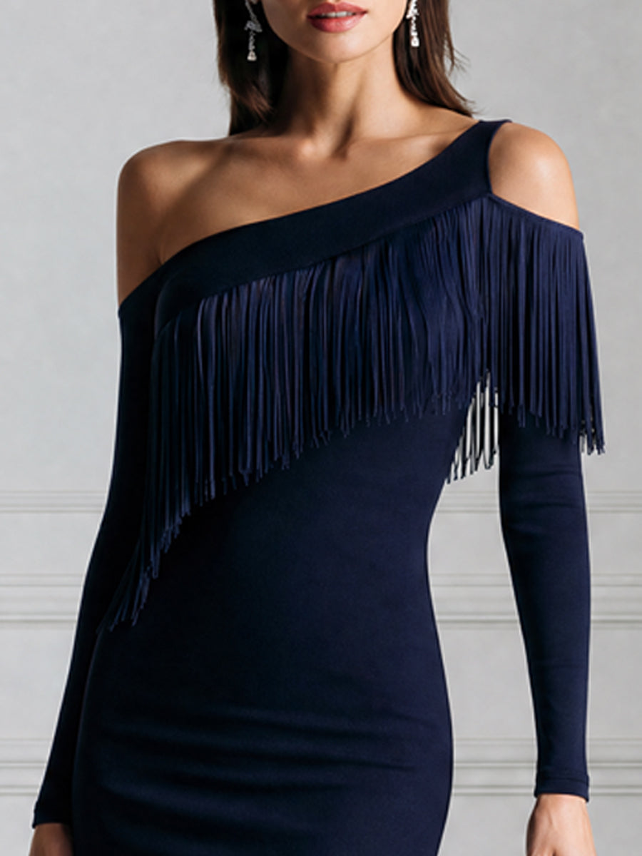 Asymmetric One-Shoulder Fringe Trim Bodycon Midi Dress