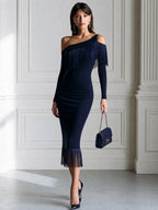 Asymmetric One-Shoulder Fringe Trim Bodycon Midi Dress
