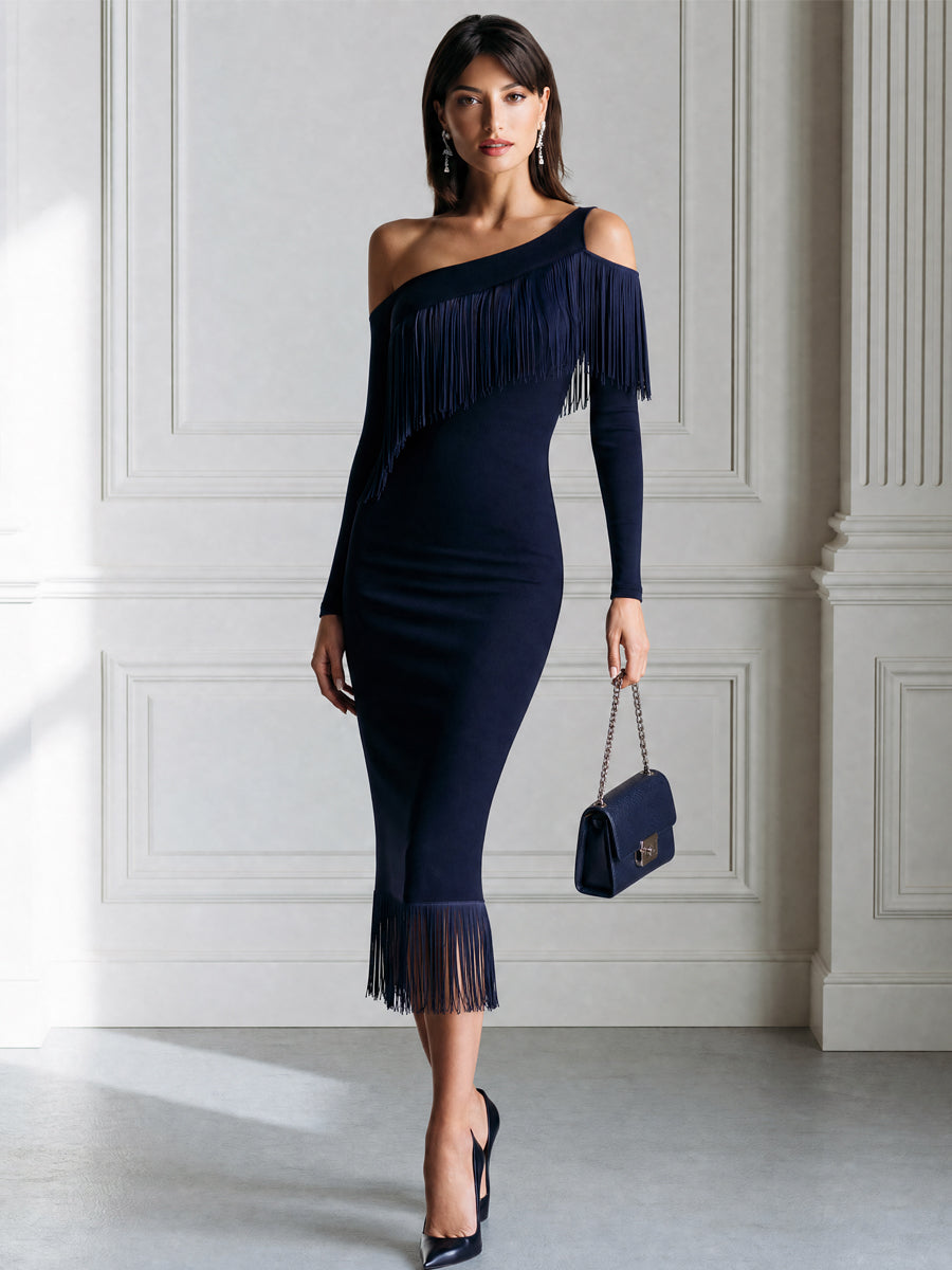 Asymmetric One-Shoulder Fringe Trim Bodycon Midi Dress