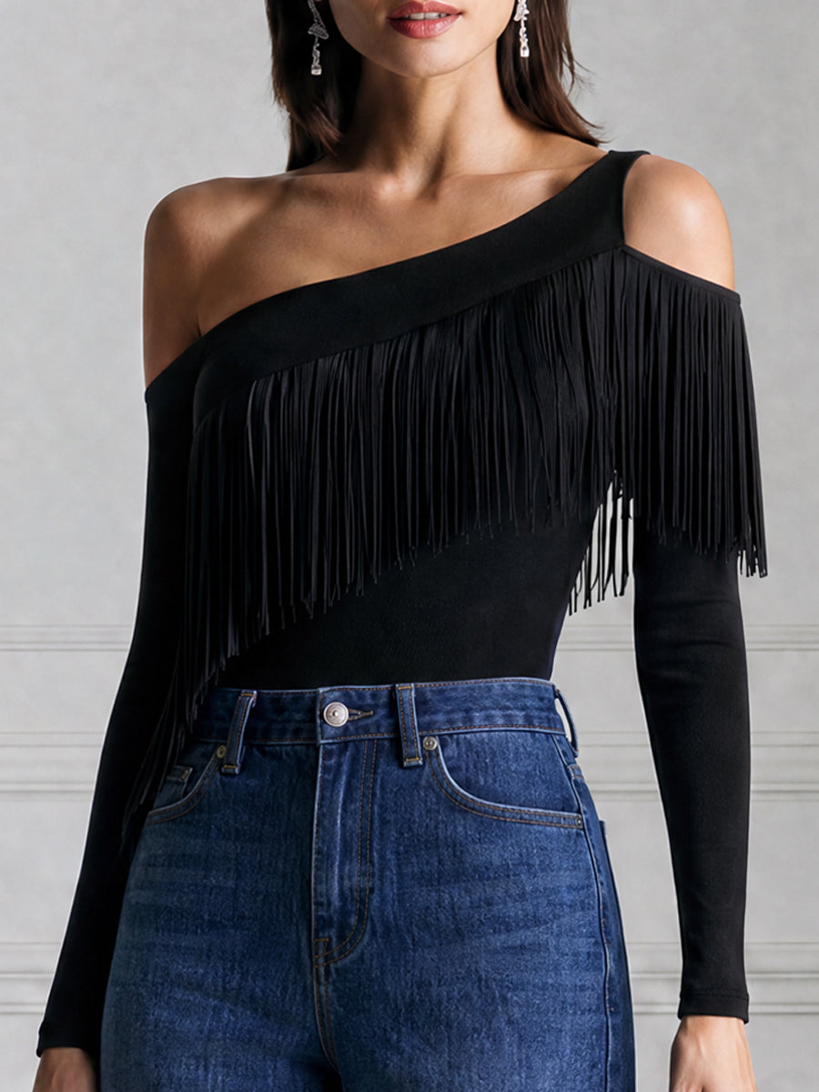Asymmetrical One Shoulder Fringe Long Sleeve Top