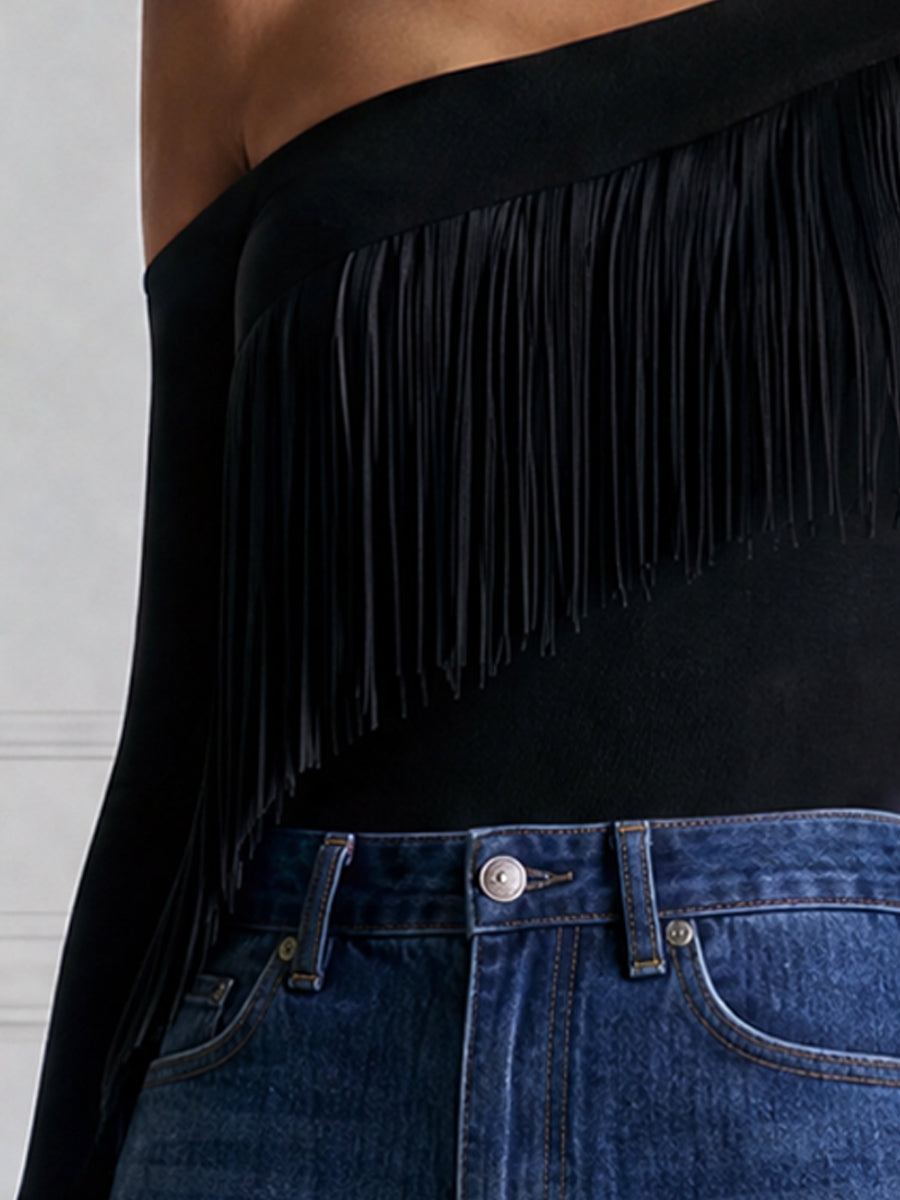Asymmetrical One Shoulder Fringe Long Sleeve Top