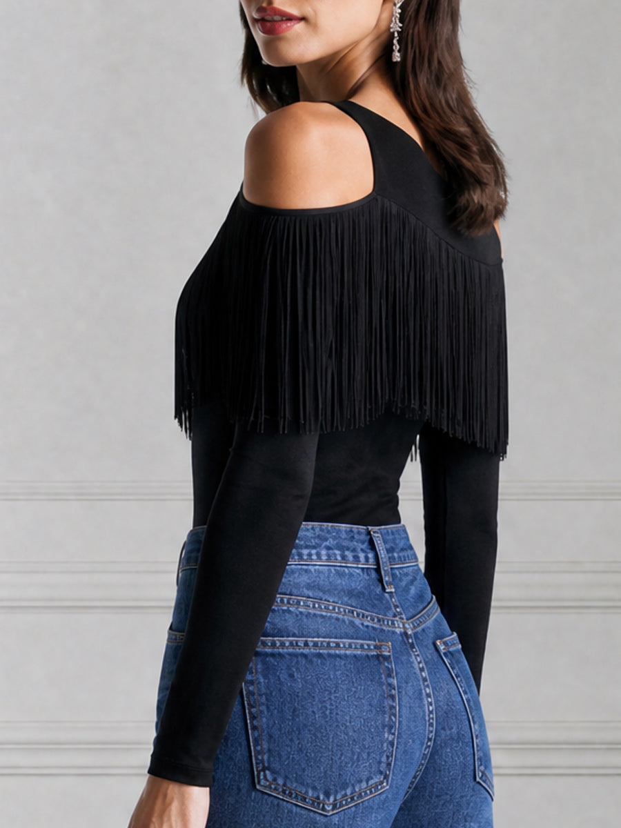 Asymmetrical One Shoulder Fringe Long Sleeve Top