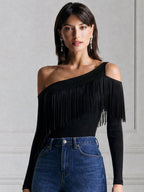 Asymmetrical One Shoulder Fringe Long Sleeve Top