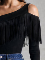 Asymmetrical One Shoulder Fringe Long Sleeve Top