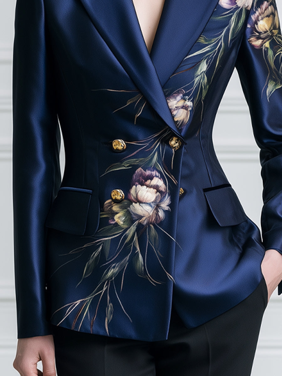 Floral Print Satin Peak-Lapel Double-Breasted Blazer