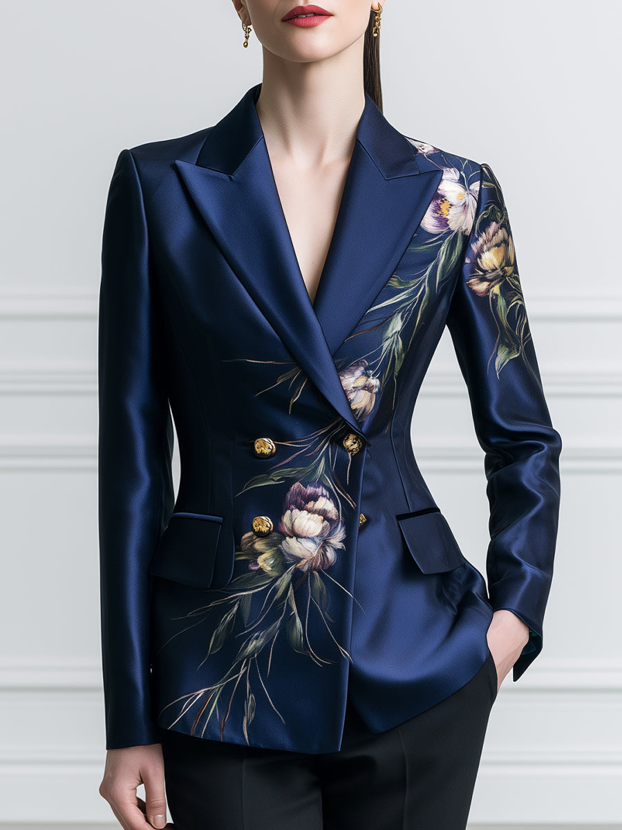 Floral Print Satin Peak-Lapel Double-Breasted Blazer
