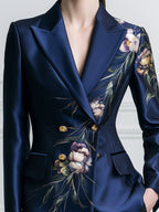 Floral Print Satin Peak-Lapel Double-Breasted Blazer
