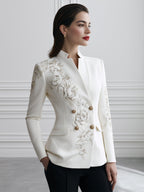 Floral Embroidered Mandarin-Collar Double-Breasted Blazer