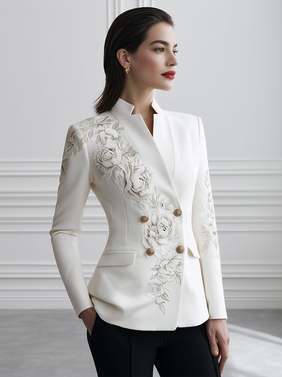 Floral Embroidered Mandarin-Collar Double-Breasted Blazer