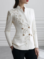 Floral Embroidered Mandarin-Collar Double-Breasted Blazer