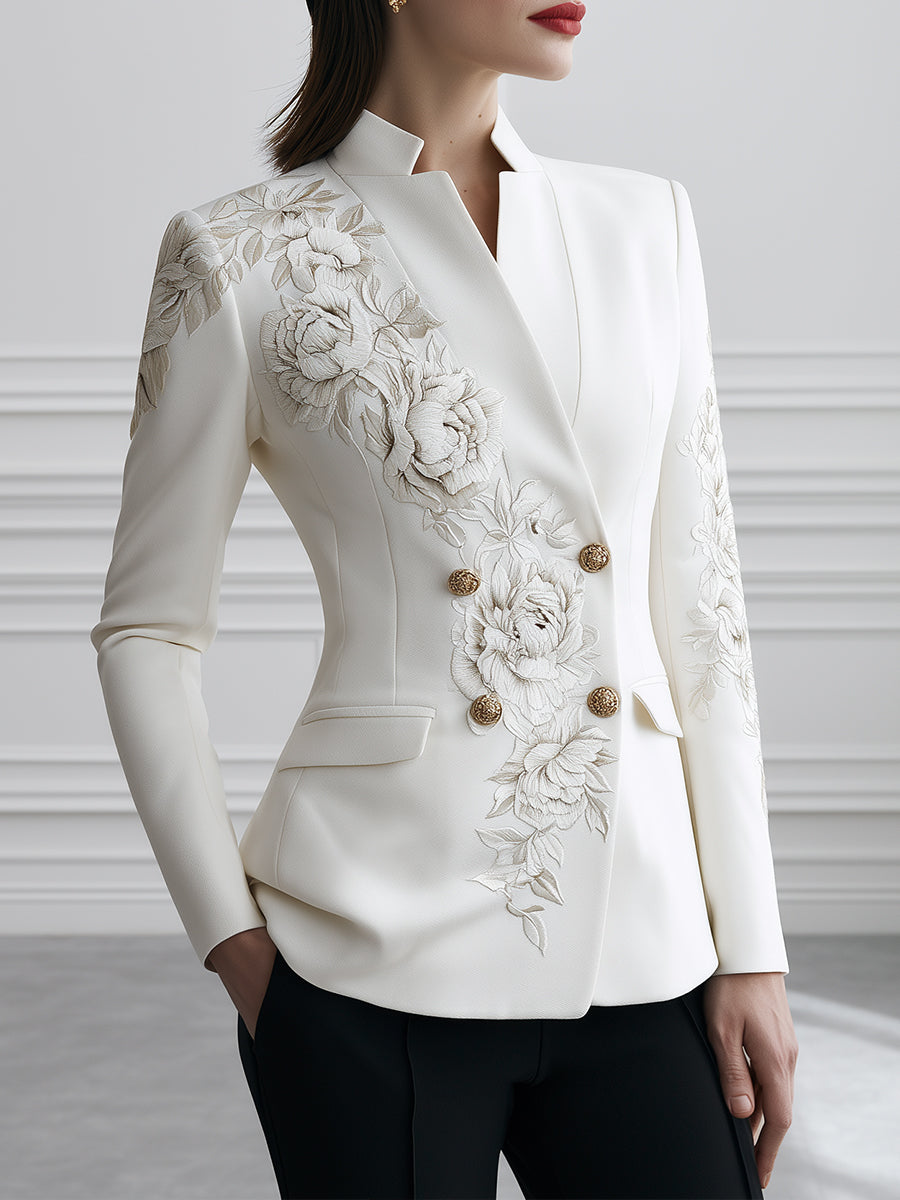 Floral Embroidered Mandarin-Collar Double-Breasted Blazer