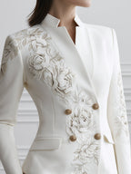 Floral Embroidered Mandarin-Collar Double-Breasted Blazer
