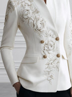 Floral Embroidered Mandarin-Collar Double-Breasted Blazer