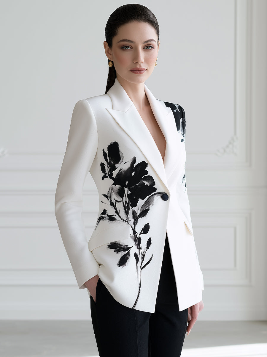 Floral Print Peak-Lapel Single-Button Tailored Blazer