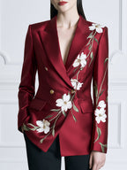 Floral Print Satin Peak-Lapel Double-Breasted Blazer
