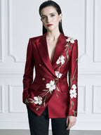 Floral Print Satin Peak-Lapel Double-Breasted Blazer