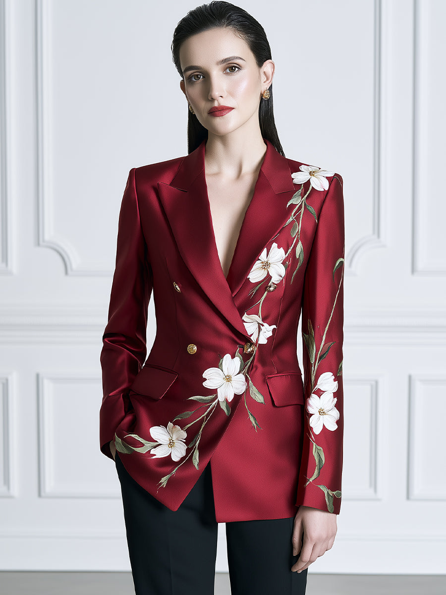 Floral Print Satin Peak-Lapel Double-Breasted Blazer