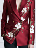 Floral Print Satin Peak-Lapel Double-Breasted Blazer