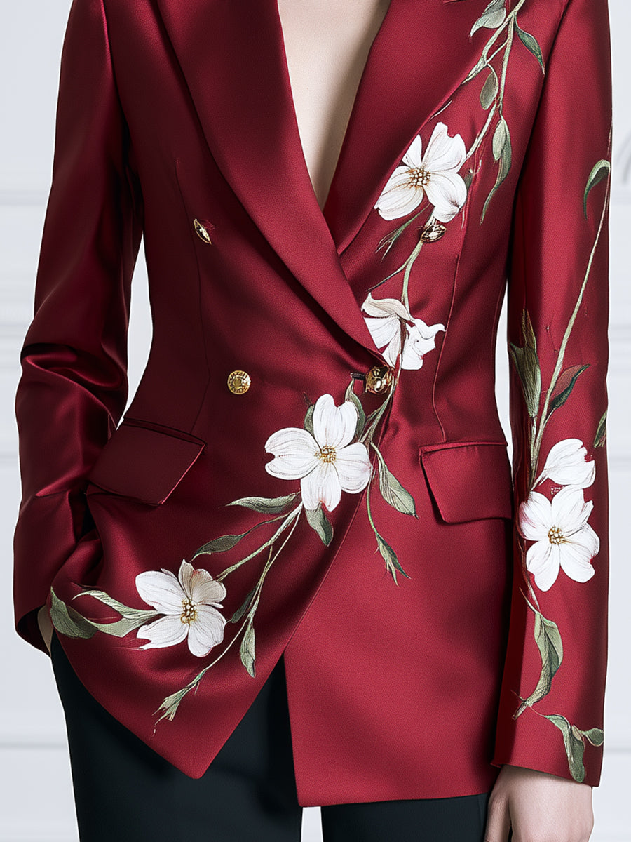 Floral Print Satin Peak-Lapel Double-Breasted Blazer