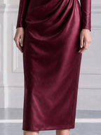 Asymmetric Neck 3D Floral Ruched Long Sleeve Midi Dress