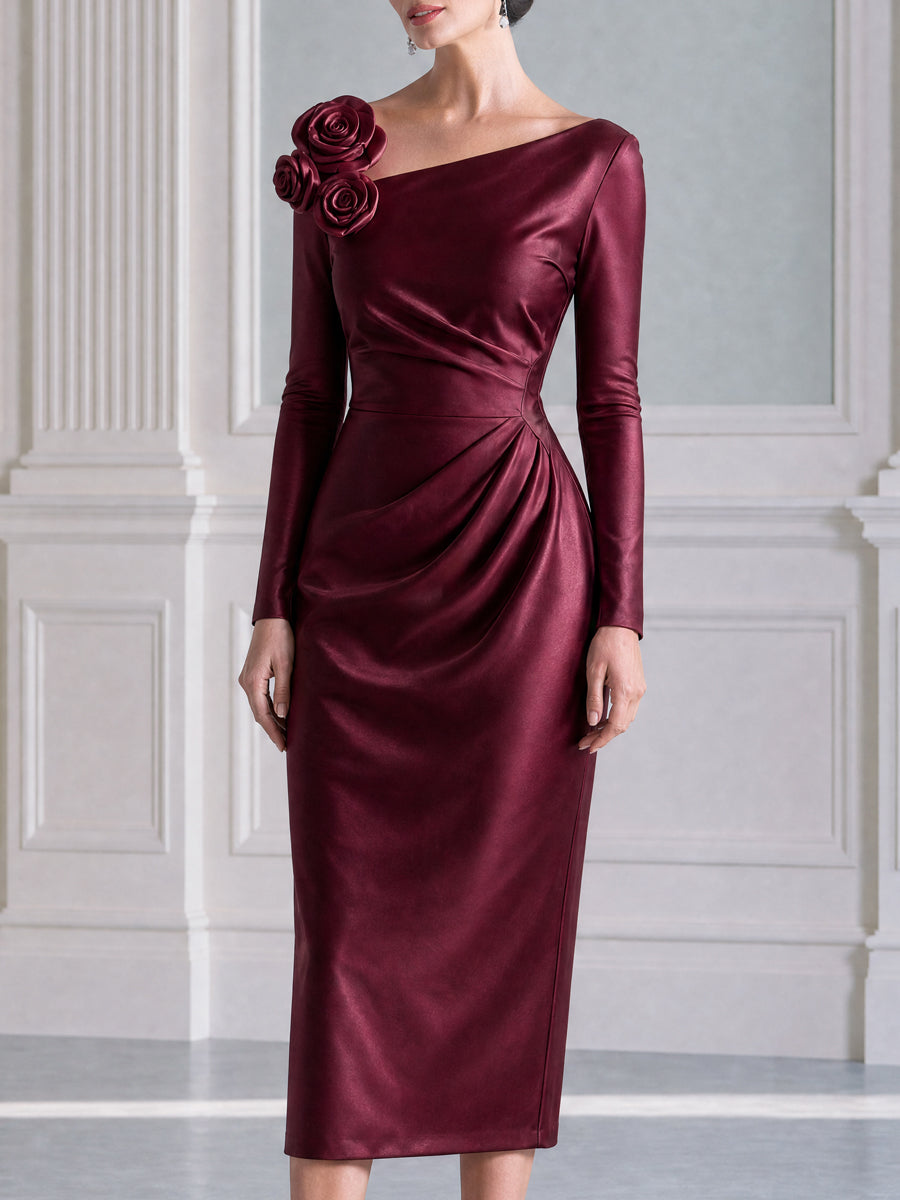 Asymmetric Neck 3D Floral Ruched Long Sleeve Midi Dress