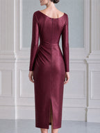 Asymmetric Neck 3D Floral Ruched Long Sleeve Midi Dress