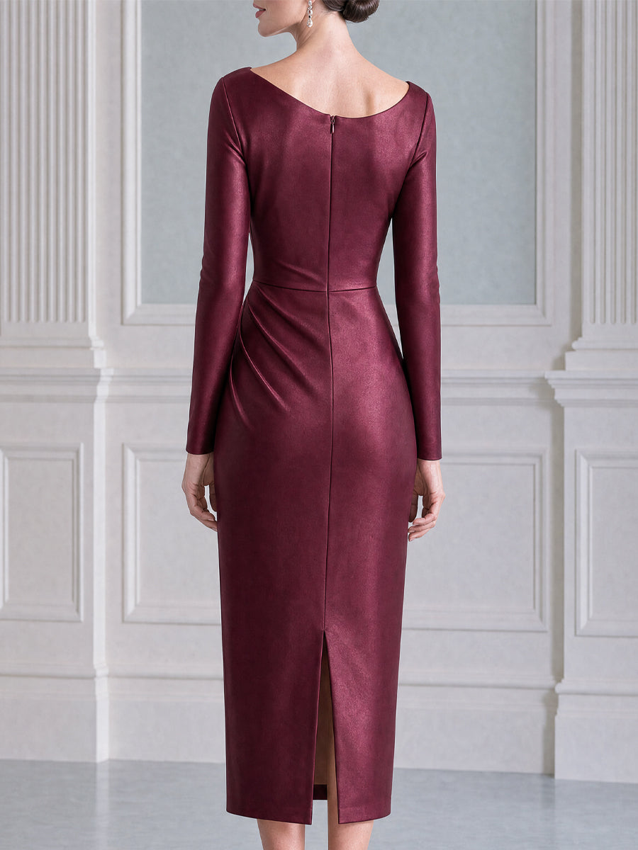 Asymmetric Neck 3D Floral Ruched Long Sleeve Midi Dress