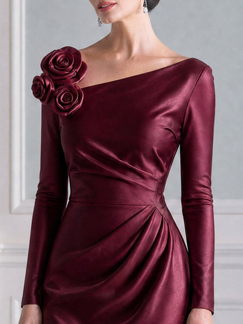 Asymmetric Neck 3D Floral Ruched Long Sleeve Midi Dress