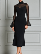Black Dress Fall Wedding Guest Dress Sheer Mesh Bell Sleeve Mermaid Midi Dress