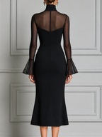 Black Dress Fall Wedding Guest Dress Sheer Mesh Bell Sleeve Mermaid Midi Dress