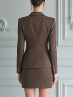 Brown Peak Lapel Tailored Blazer & Mini Skirt Two-Piece Suit Set