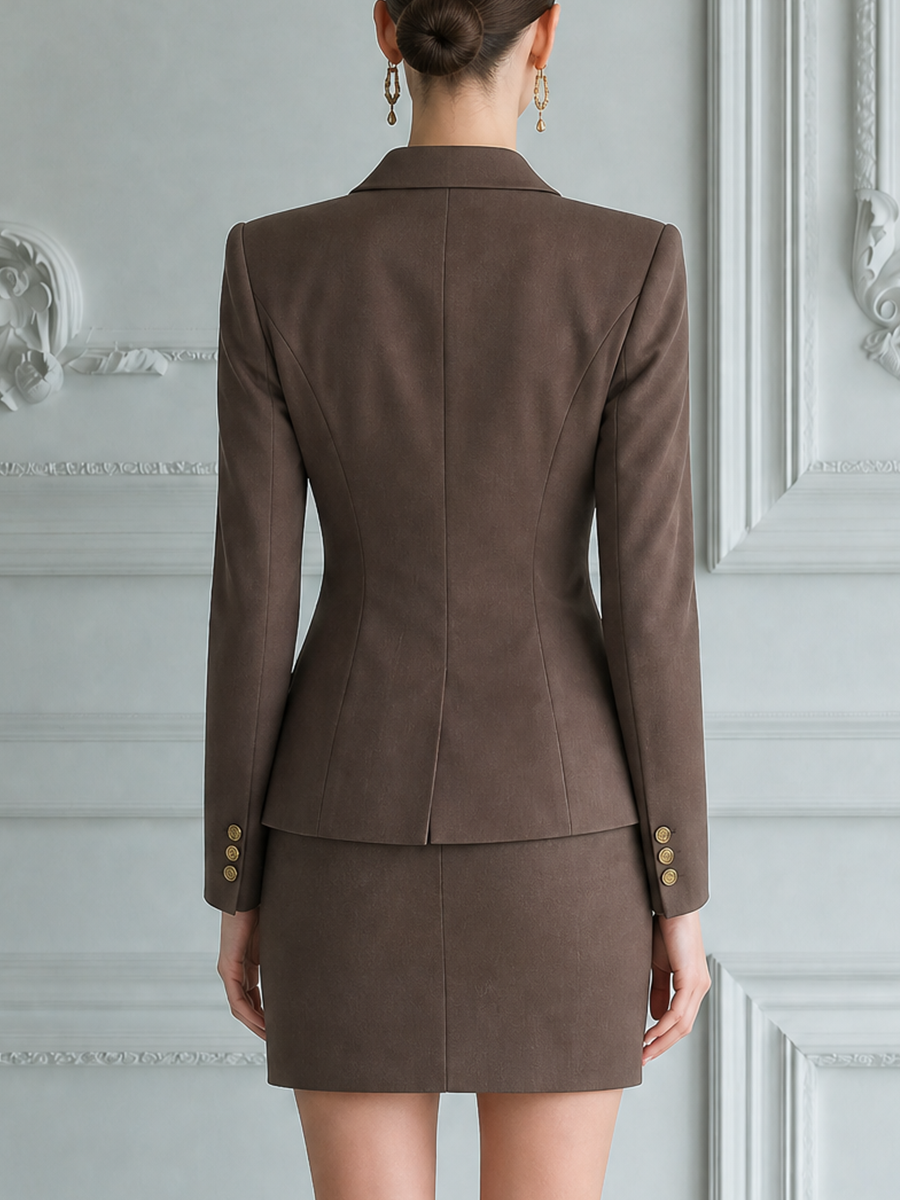 Brown Peak Lapel Tailored Blazer & Mini Skirt Two-Piece Suit Set