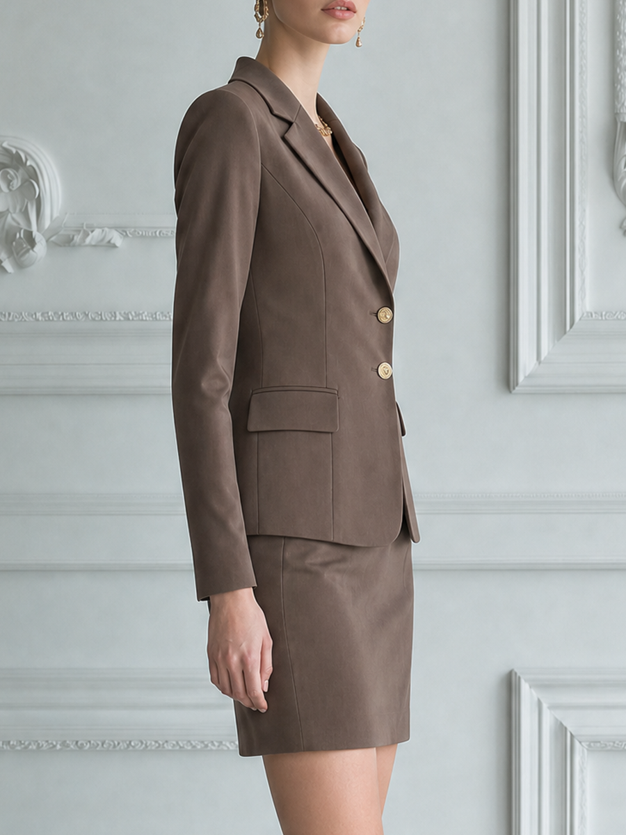 Brown Peak Lapel Tailored Blazer & Mini Skirt Two-Piece Suit Set