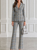 Plaid Tailored Blazer & Flared Pants Two-Piece Suit Set