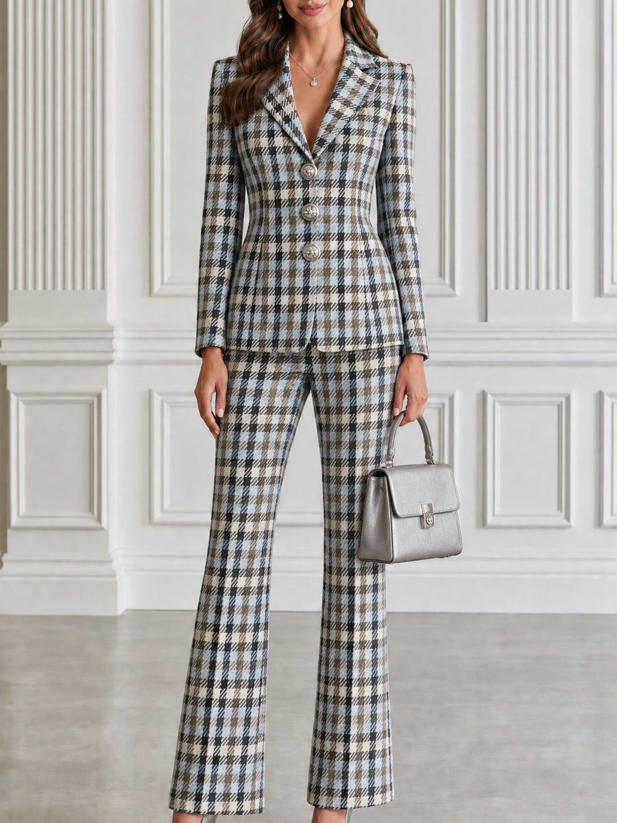 Plaid Tailored Blazer & Flared Pants Two-Piece Suit Set