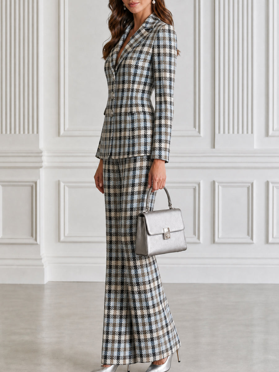 Plaid Tailored Blazer & Flared Pants Two-Piece Suit Set