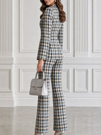 Plaid Tailored Blazer & Flared Pants Two-Piece Suit Set