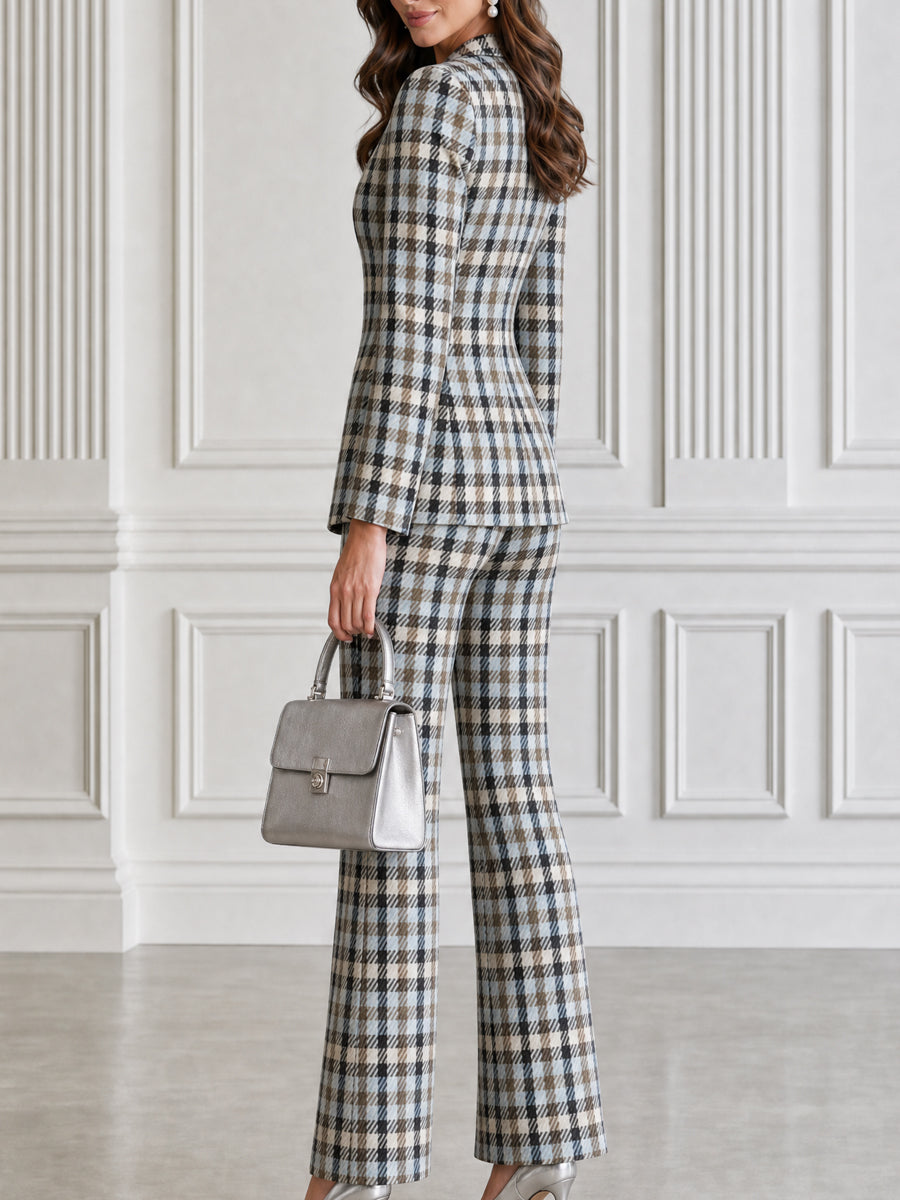 Plaid Tailored Blazer & Flared Pants Two-Piece Suit Set