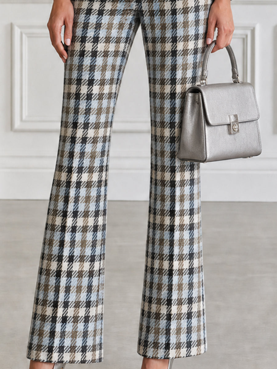 Plaid Tailored Blazer & Flared Pants Two-Piece Suit Set