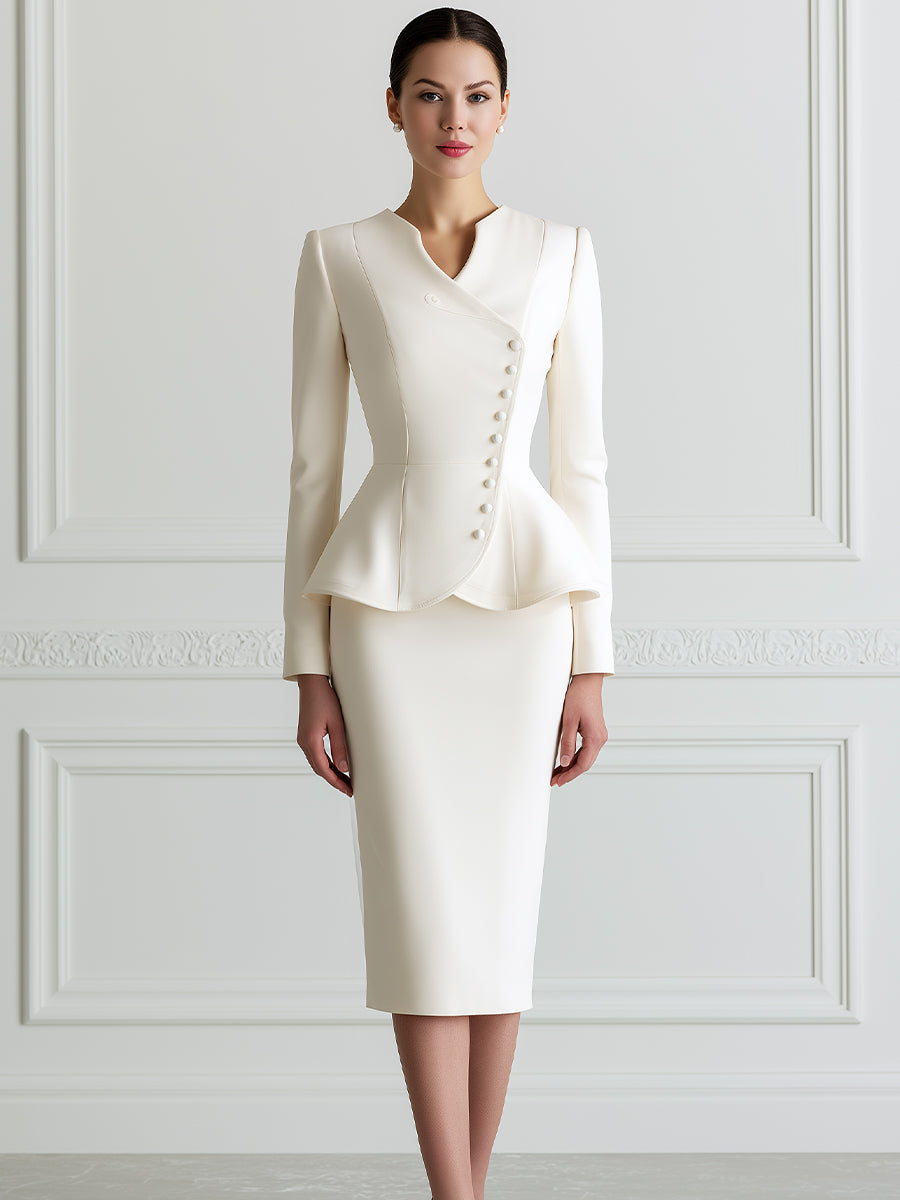 Elegant Peplum Blazer & Pencil Skirt Two-Piece Suit Set