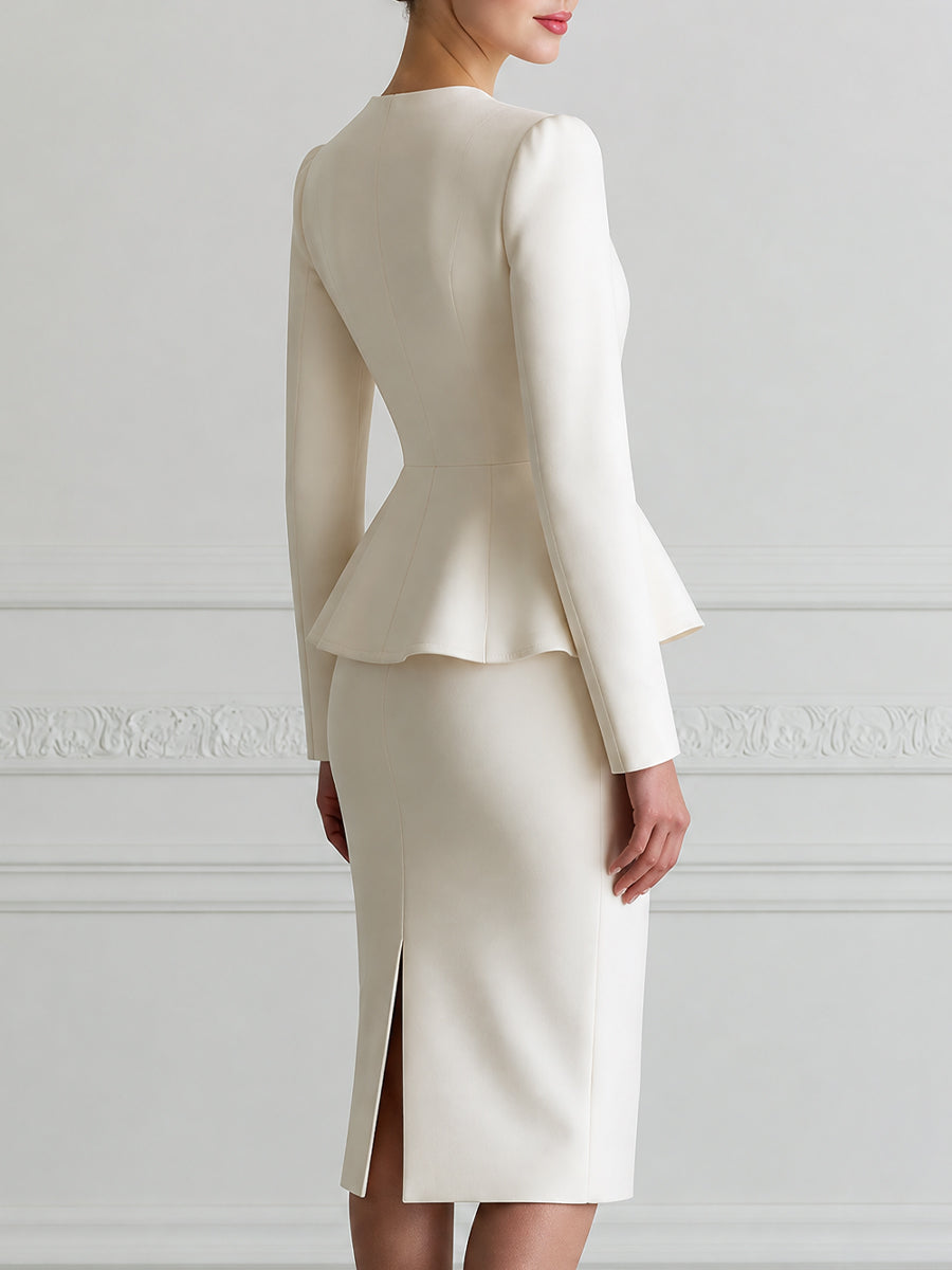Elegant Peplum Blazer & Pencil Skirt Two-Piece Suit Set