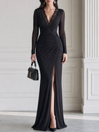Lace V Neck Wrap Ruched High Slit Mermaid Maxi Gown
