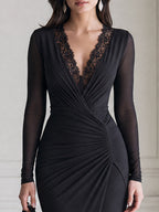 Lace V Neck Wrap Ruched High Slit Mermaid Maxi Gown